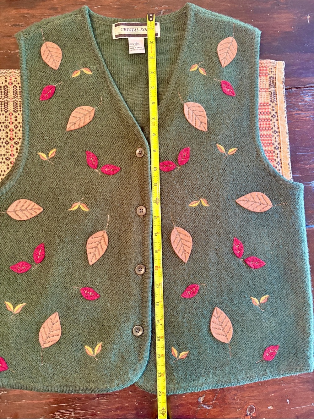 Crystal-Kobe Dark Green Leaf Appliqué Button-Front Sweater Vest #0344 - Picture 7 of 10